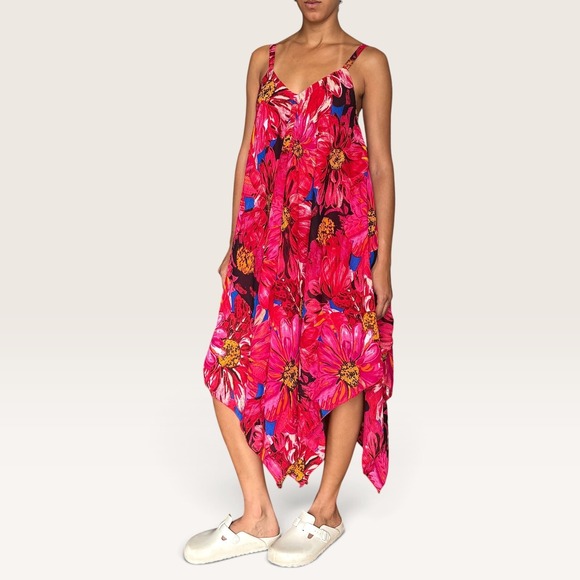 Mlle Gabrielle Dresses & Skirts - Mlle Gabrielle Pink Floral Handkerchief Hem Midi Dress Small V-Neck Boho